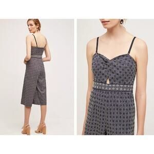 Elevenses navy blue patterned Remy jumpsuit bust cutout pockets 100% cotton sz 2